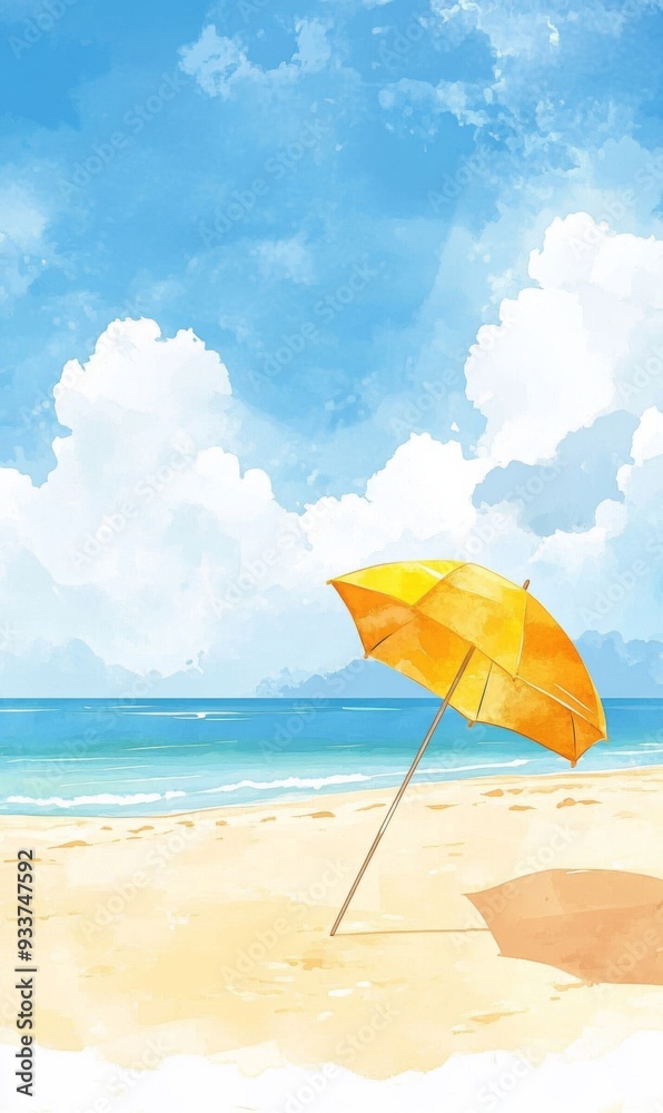 Beach Scene with Umbrella, Blue Sky, and White Clouds in Cartoon Style, Watercolor Brush Strokes, Fresh and Dreamy Poster Beach Scene with Umbrella, Blue Sky, and White Clouds in Cartoon Style, Watercolor Brush Strokes, Fresh and Dreamy Poster