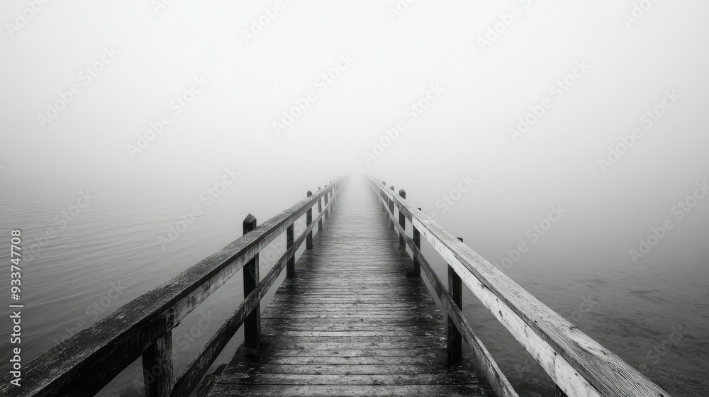 Obraz premium A black and white photograph of a foggy pier extending into the distance