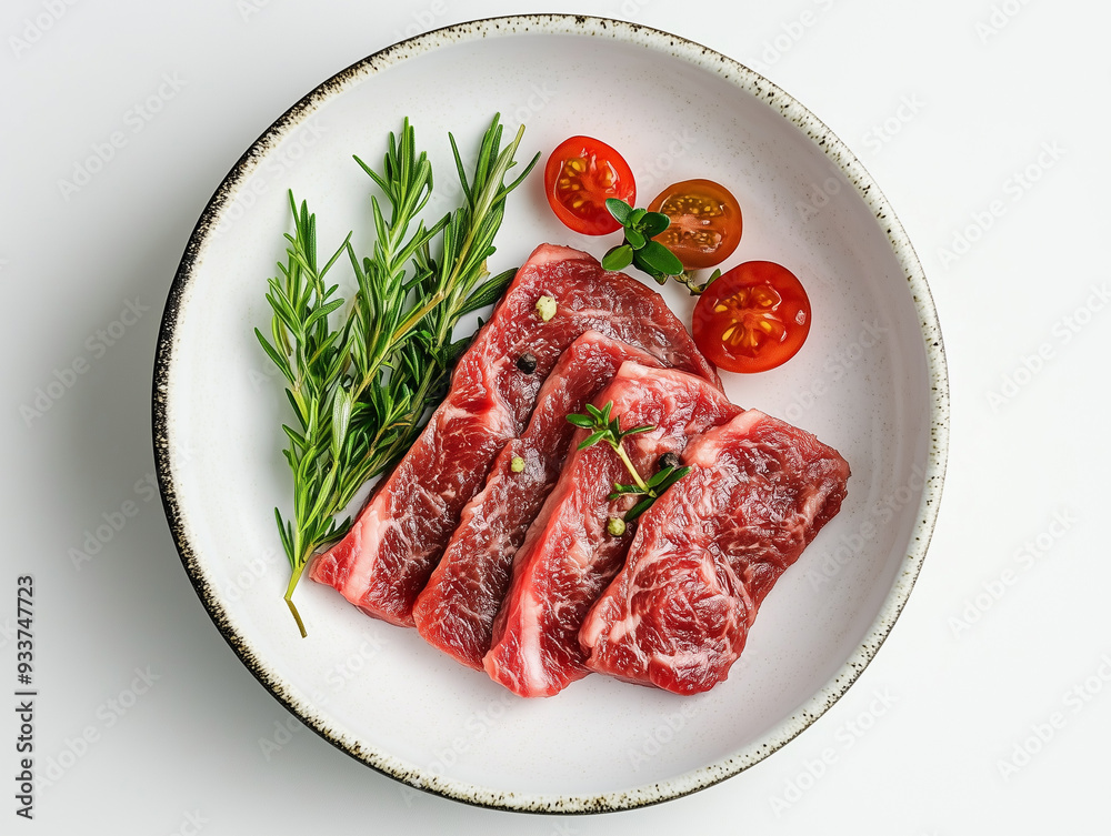 wagyu meat in white bowl, top view, white background, Right space for Text caption wagyu meat in white bowl, top view, white background, Right space for Text caption