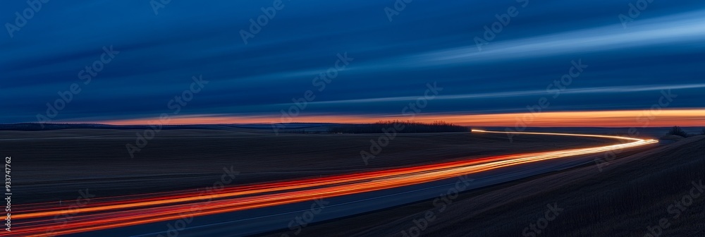 A rural road illuminated by car streaks during the twilight A rural road illuminated by car streaks during the twilight