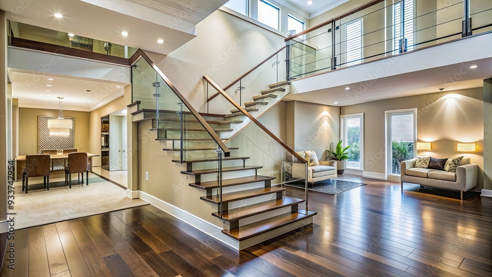 Sleek, minimalist staircase with polished chrome railings and glass balusters ascends through a bright, open-concept living area with cream walls and dark hardwood floors. Sleek, minimalist staircase with polished chrome railings and glass balusters ascends through a bright, open-concept living area with cream walls and dark hardwood floors.