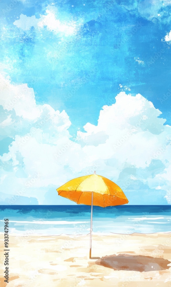 Beach Scene with Umbrella, Blue Sky, and White Clouds in Cartoon Style, Watercolor Brush Strokes, Fresh and Dreamy Poster Beach Scene with Umbrella, Blue Sky, and White Clouds in Cartoon Style, Watercolor Brush Strokes, Fresh and Dreamy Poster