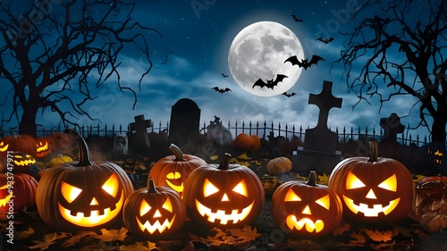 Tormented foundation with of pumpkins, a graveyard with blue sky and bats in a full moon. Halloween Concept.