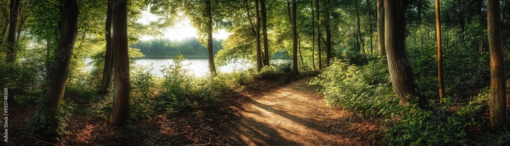 Naklejka premium A serene forest path illuminated by the warm glow of the sun, surrounded by lush greenery.