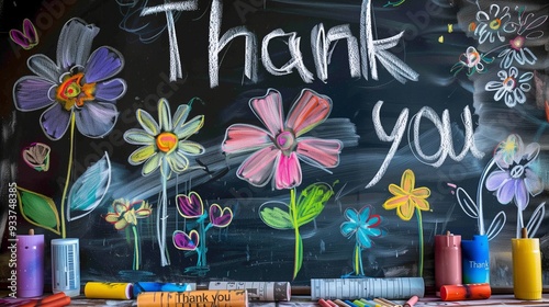 Thank You Card. Written by Chalk on the Blackboard with Flower Drawing.