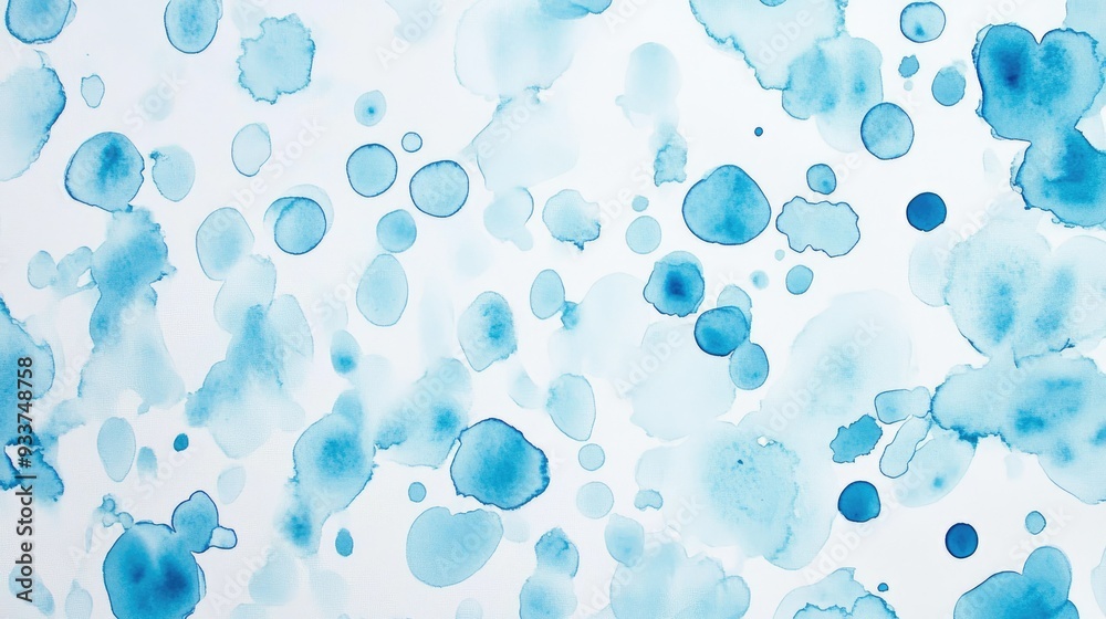 A close-up of light blue watercolor splashes on white paper, creating abstract patterns A close-up of light blue watercolor splashes on white paper, creating abstract patterns