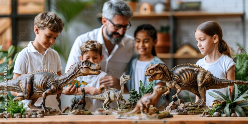 Boys playing with dinosaur toys while their father supervises in a bright indoor space