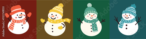 Set of snowmen on color background, funny design elements, flat vector, new year, merry christmas