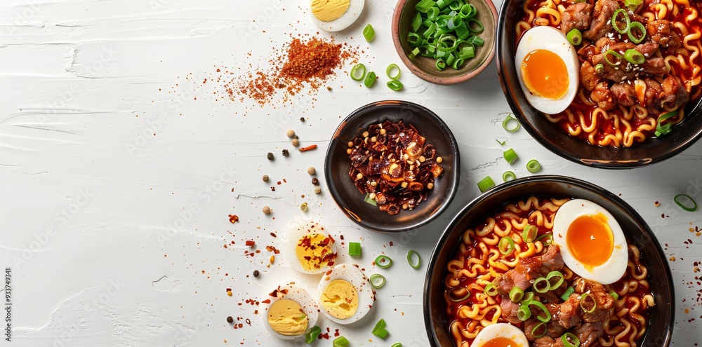 Delicious ramen bowl with beef or pork and eggs served on white table. Japanese noodle soup, asian food. Restaurant menu. Flat lay, top view Delicious ramen bowl with beef or pork and eggs served on white table. Japanese noodle soup, asian food. Restaurant menu. Flat lay, top view