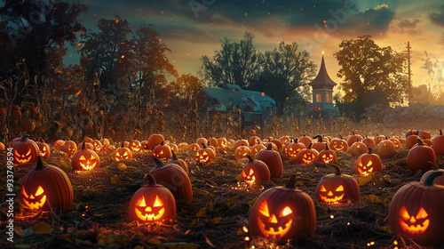 a picturesque pumpkin patch with carved pumpkin lanterns glowing at dusk.