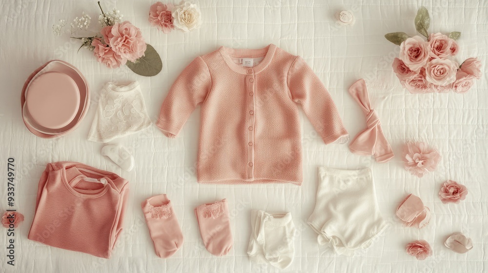 A flat lay of rose-colored baby clothes and accessories arranged neatly on a white bedspread A flat lay of rose-colored baby clothes and accessories arranged neatly on a white bedspread