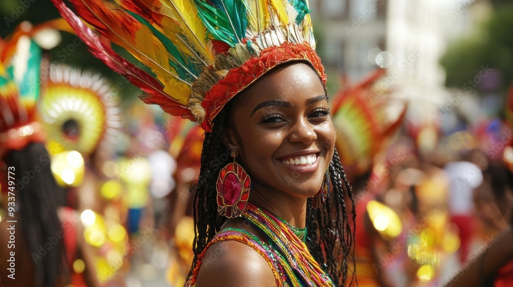 Fototapeta premium Close-Up of Performer in Vibrant Feathered Headdress at Notting Hill Carnival with Detailed Makeup and Elaborate Caribbean-Inspired Costume