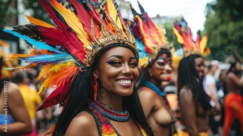 Close-Up of Performer in Vibrant Feathered Headdress at Notting Hill Carnival with Detailed Makeup and Elaborate Caribbean-Inspired Costume