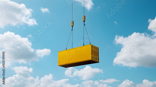 Yellow shipping container being lifted by crane against a blue sky with white clouds.
