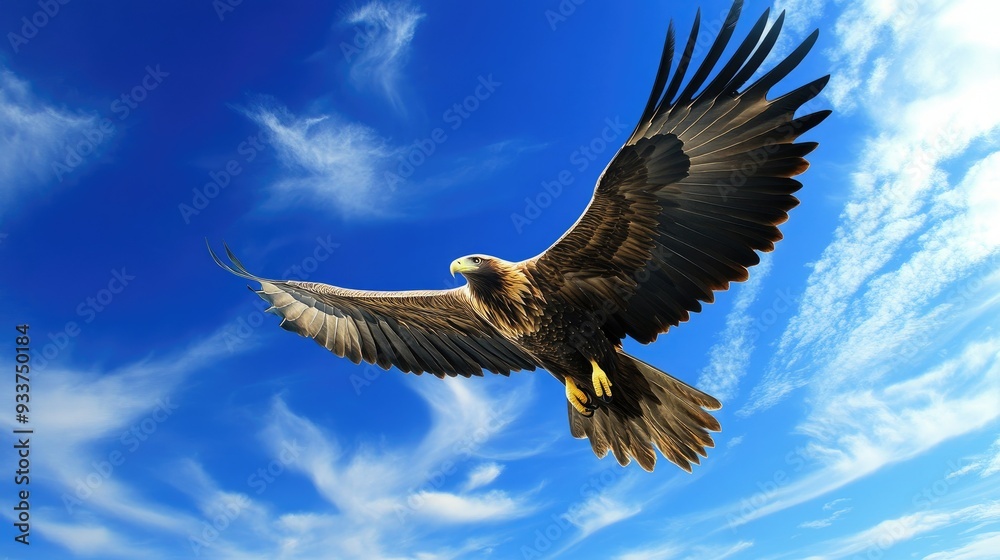 Fototapeta premium A golden eagle soaring against a bright blue sky, wings spread wide in flight