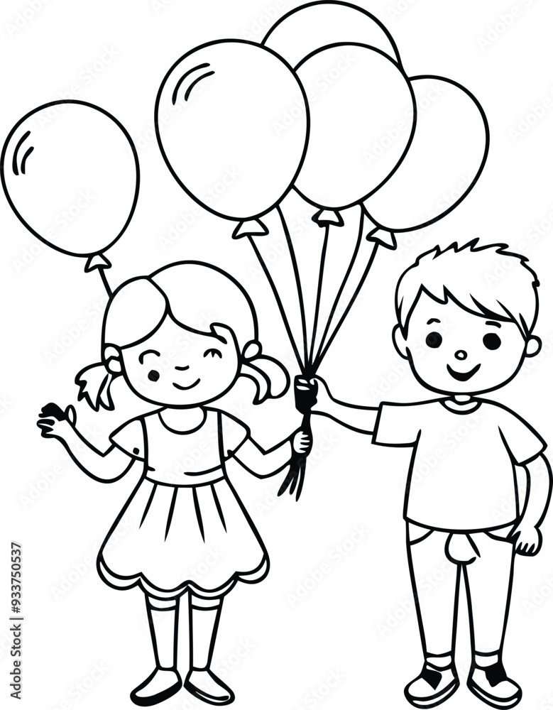girl and boy with balloons line art illustration black and white girl and boy with balloons line art illustration black and white