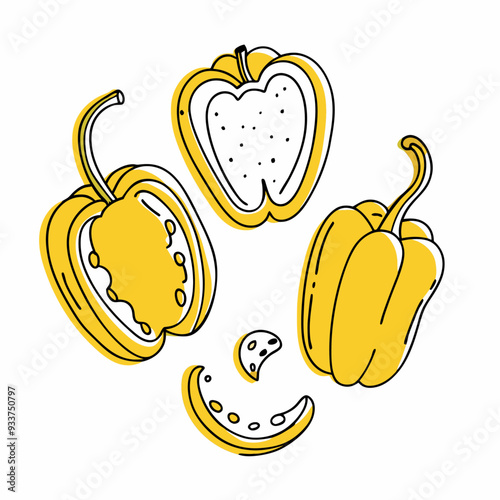 Set of doodle outline bell pepper with spots Whole and pieces (1)