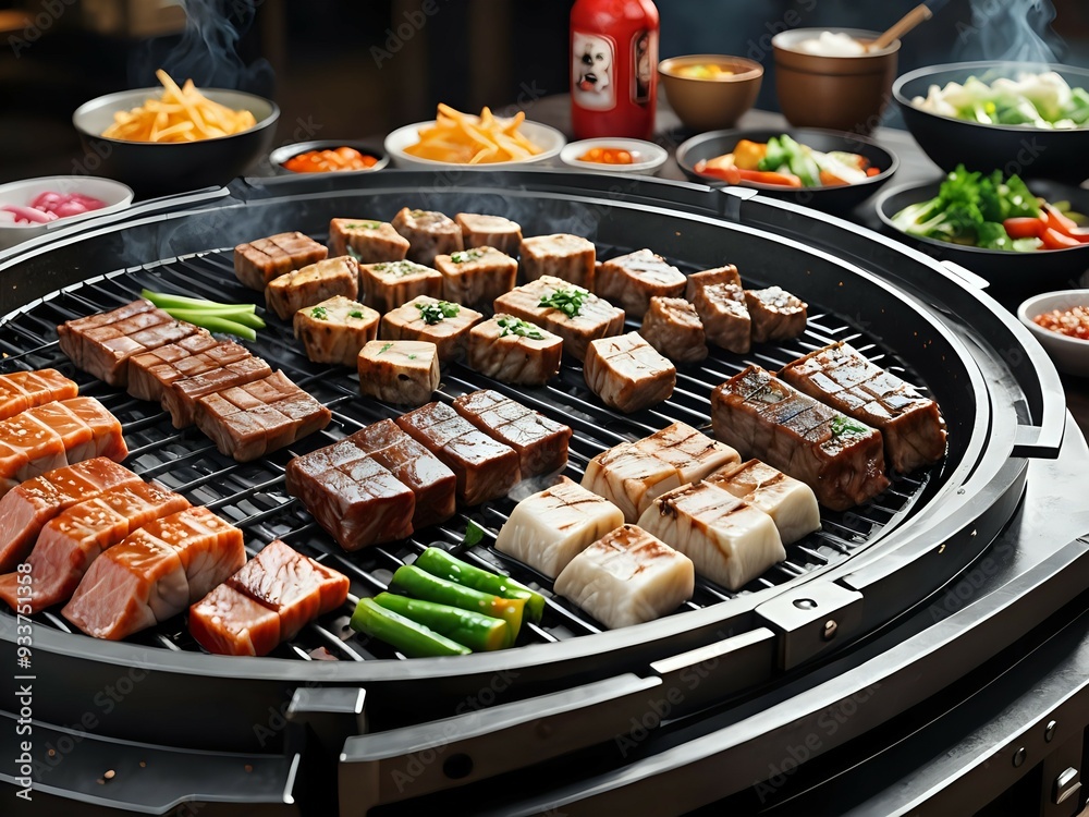 Close-up of a variety of seafood, including salmon, tuna, and whitefish, grilling on a black electric grill. Close-up of a variety of seafood, including salmon, tuna, and whitefish, grilling on a black electric grill.