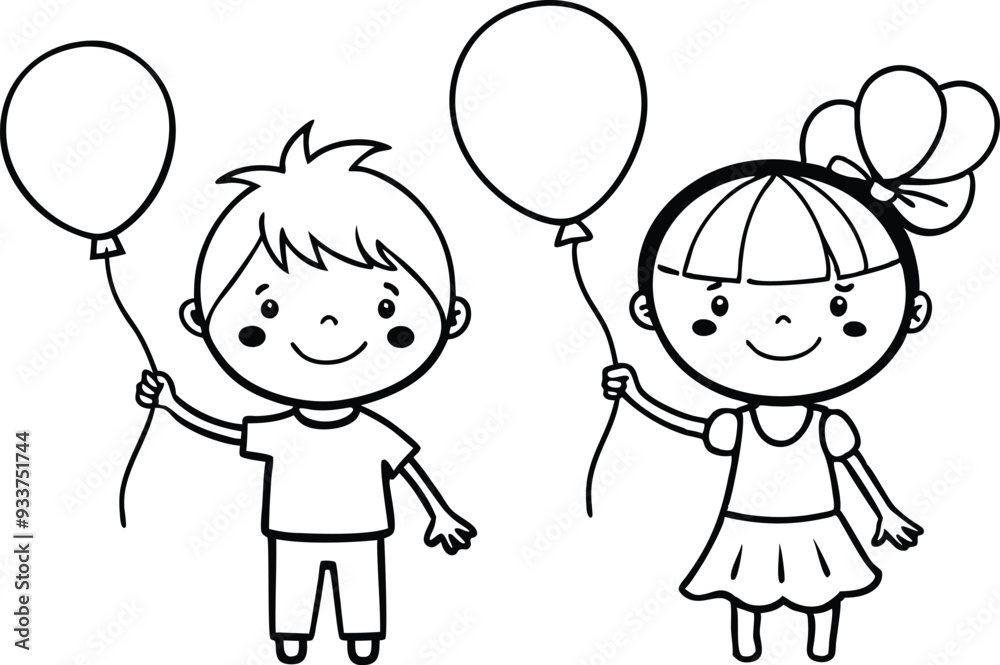 girl and boy with balloons line art illustration black and white girl and boy with balloons line art illustration black and white