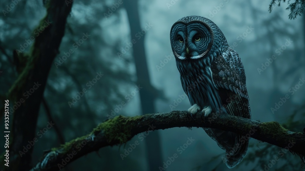 Fototapeta premium A grey owl perched on a tree branch in a dense, misty forest