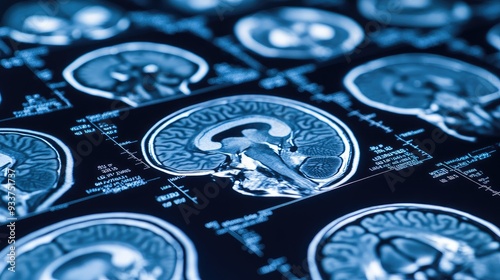 High-angle shot of a complete set of MRI images for the brain, spread out on a light table. Copy space on the right.