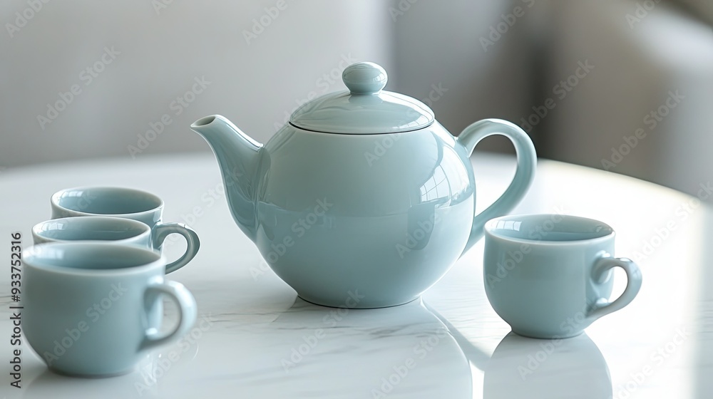 A light blue ceramic teapot with matching cups arranged on a white marble table A light blue ceramic teapot with matching cups arranged on a white marble table