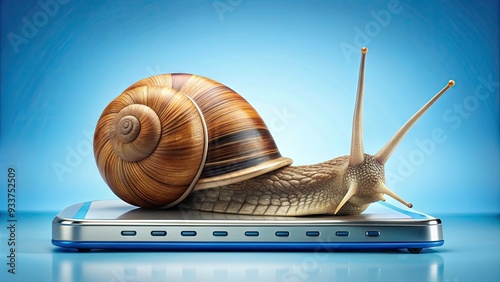 Slow internet symbol represented by a snail carrying a wireless router, emphasizing frustrating delays and sluggish online connectivity on a digital background.