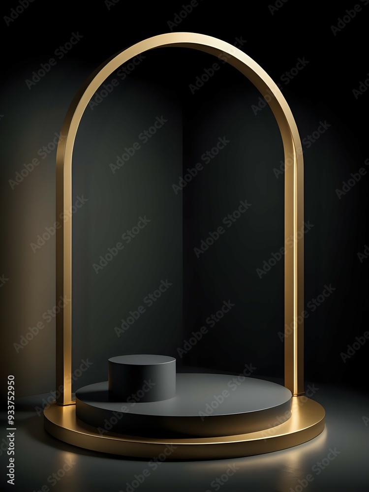 Abstract minimalist black and gold podium with archway.