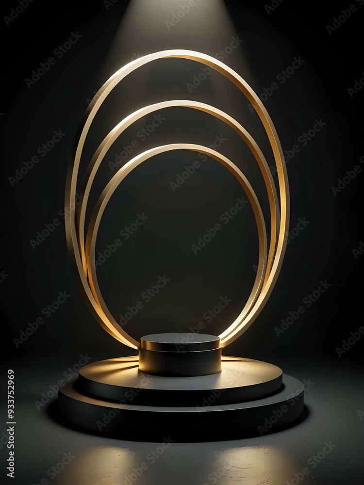Abstract background with golden rings and black podium. Abstract background with golden rings and black podium.