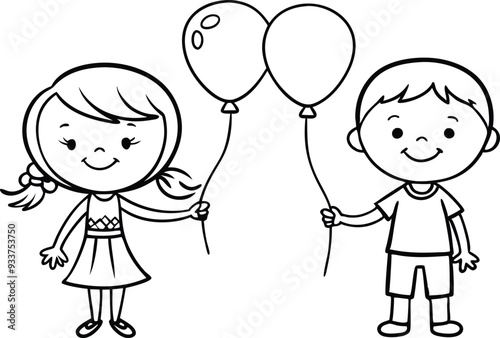 girl and boy with balloons line art illustration black and white