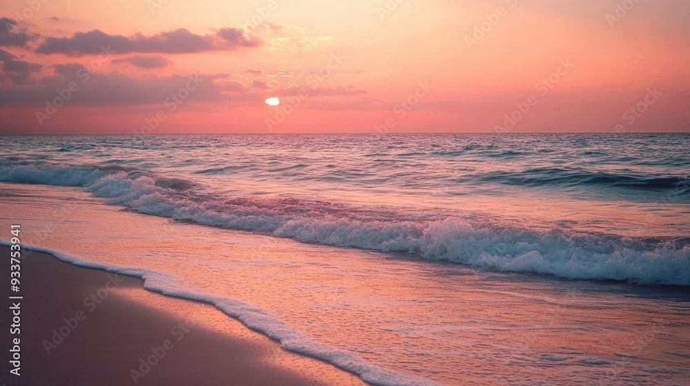 Fototapeta premium A rose-colored sunset casting warm hues over a sandy beach with gentle waves