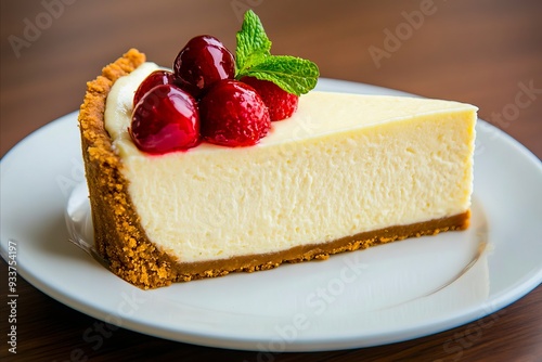 A slice of cheesecake on a white plate with cherries on top