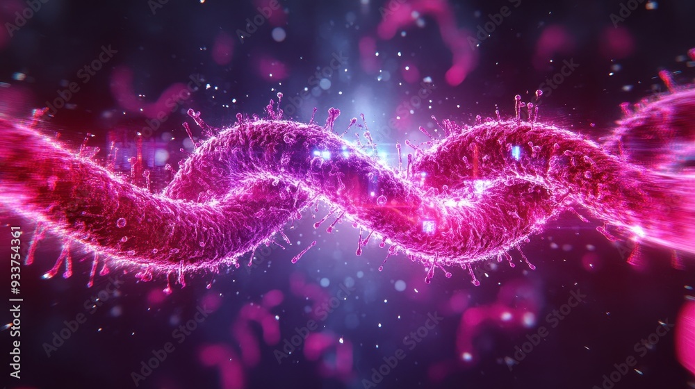 Fototapeta premium Abstract visualization of DNA helix with glowing pink particles on a dark background symbolizing genetics, science, and biotechnology.