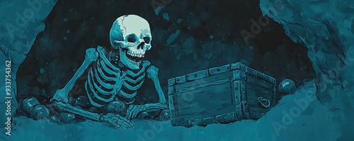 Skeleton pirate, guarding treasure in dark cave, eerie glow, Watercolor style