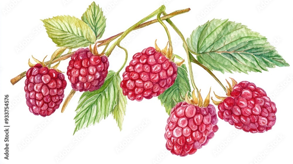 Ripe raspberries with green leaves on a white background illustrated in watercolor Ripe raspberries with green leaves on a white background illustrated in watercolor