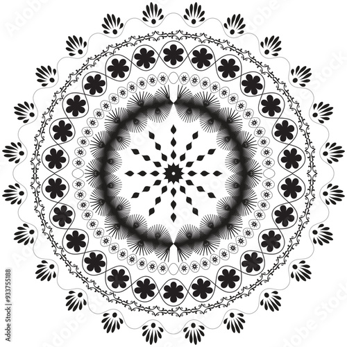 This intricate black mandala pattern is perfect for coloring books, tattoos, and other decorative applications.
