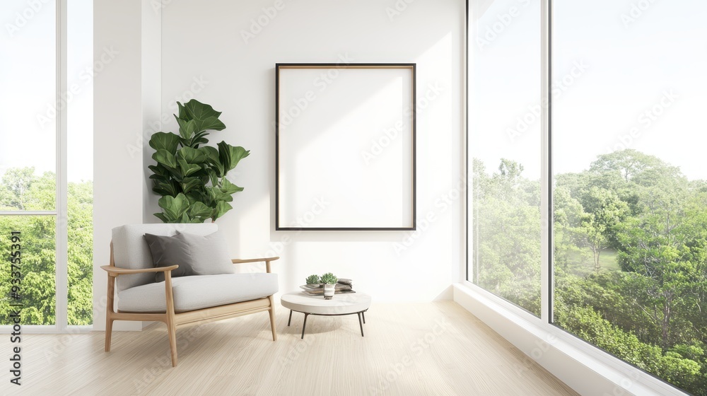 Fototapeta premium Bright minimalist living room with large windows, green plants, and a cozy armchair. Modern interior design with natural light and simple decor.