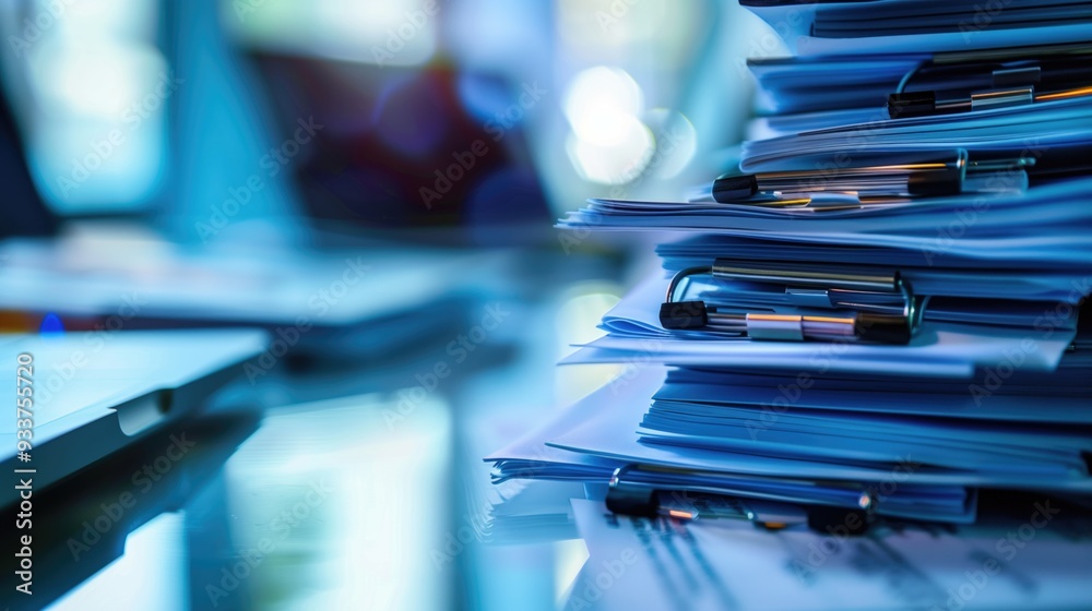 Large stack of blue-toned documents fastened with binder clips on polished glass surface under bright light. Concepts of paperwork, office workload, organization, and documentation. Large stack of blue-toned documents fastened with binder clips on polished glass surface under bright light. Concepts of paperwork, office workload, organization, and documentation.