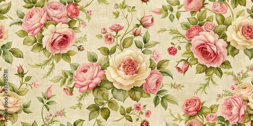 Wallpaper Mural Vintage floral fabric featuring delicate pink roses and green leaves on a cream background, vintage, floral, fabric, pink, roses Torontodigital.ca