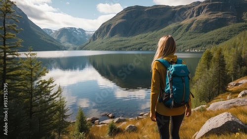 Woman with Backpack Stands Beside a Mountain Lake