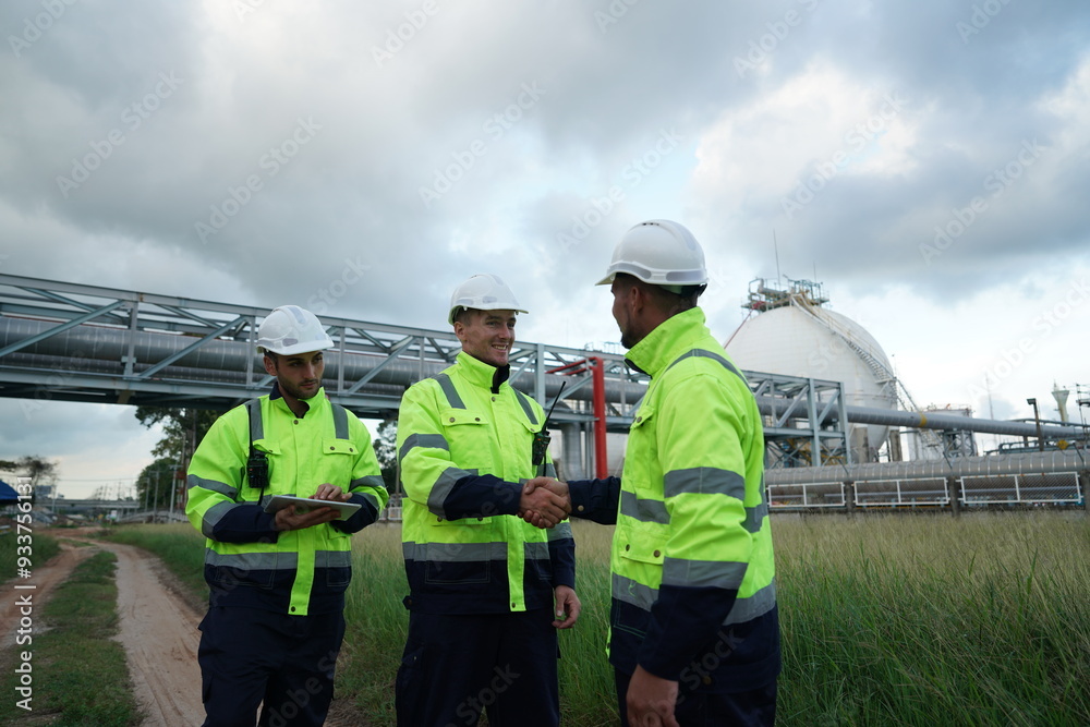 Group of three male engineers standing shaking hands together working together as a team inspecting the work at petroleum oil refinery in engineering renewable energy, industrial plants. Group of three male engineers standing shaking hands together working together as a team inspecting the work at petroleum oil refinery in engineering renewable energy, industrial plants.