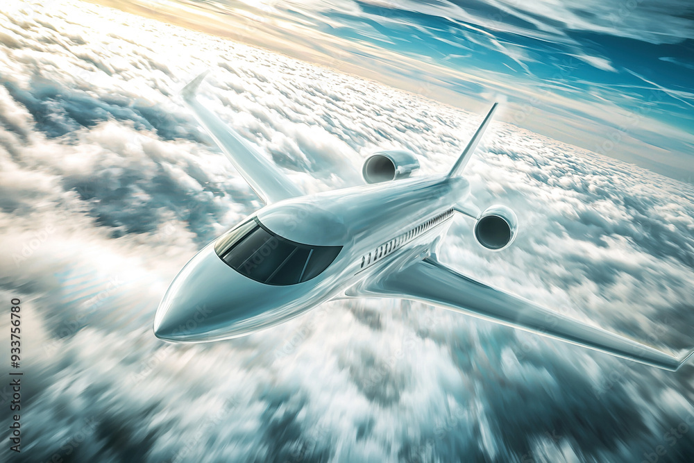 Fototapeta premium High speed modern airplane speeding above the clouds. Generative Ai