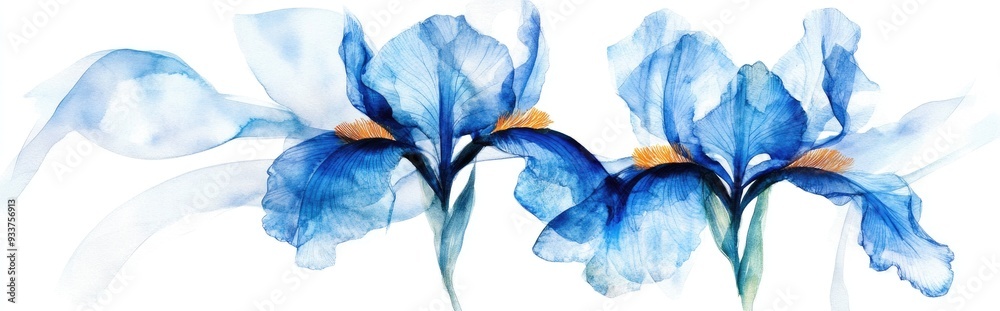 Fototapeta premium Transparent blue iris flower in an X ray style watercolor illustration