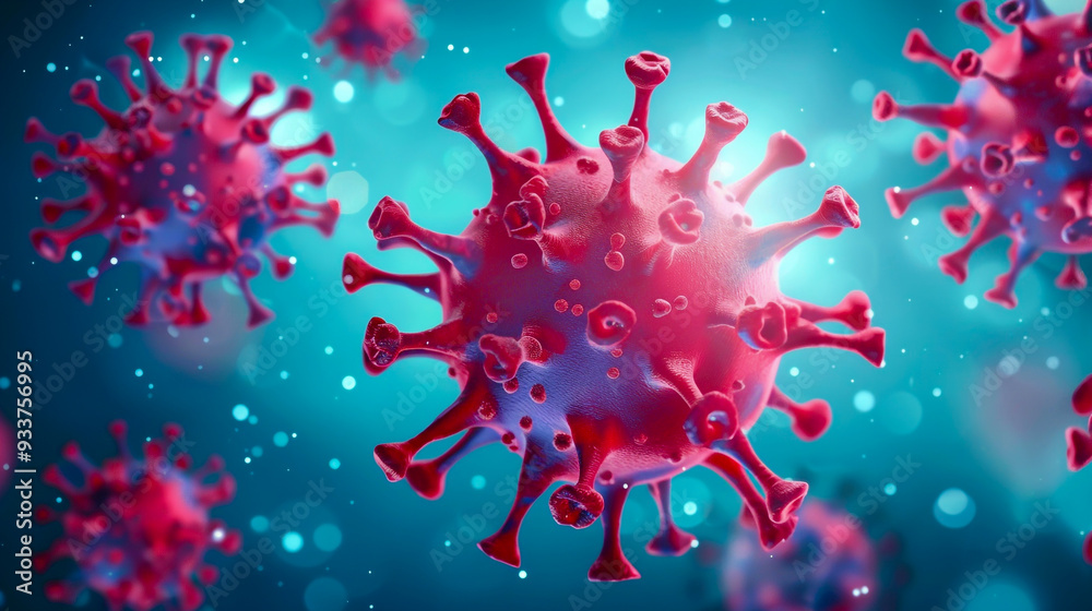 Red Coronavirus Particles Floating in Blue Space Red Coronavirus Particles Floating in Blue Space