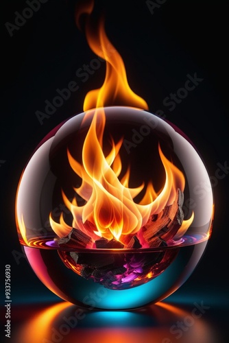 A glass sphere with fire inside isolated on a dark background, vertical composition