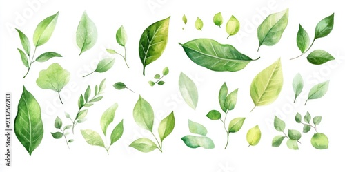 Spring green leaves and confetti clip art set Isolated elements on a white background Hand painted in watercolor