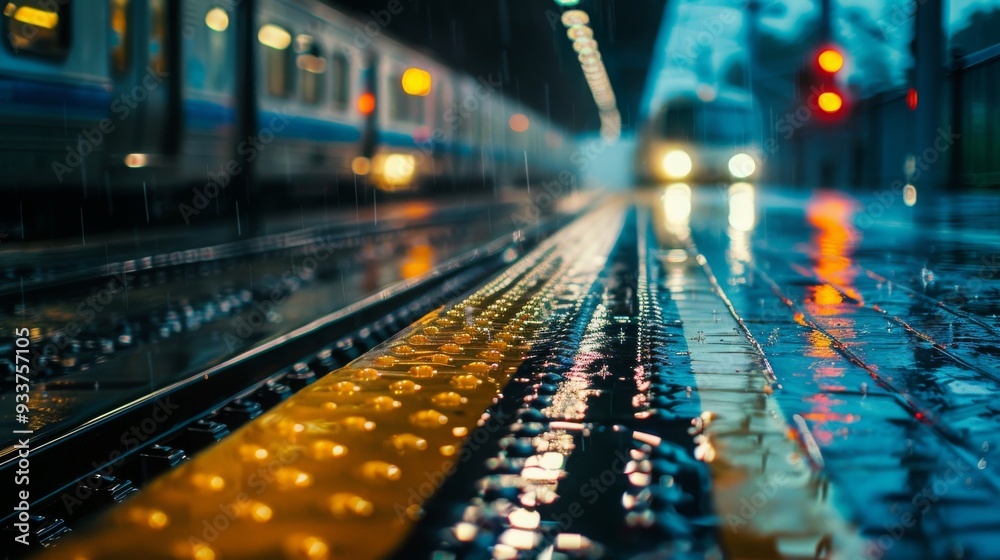 Stunning image of a train arriving at night , Rainy night at the railway station , Railway station , Rain pouring down
