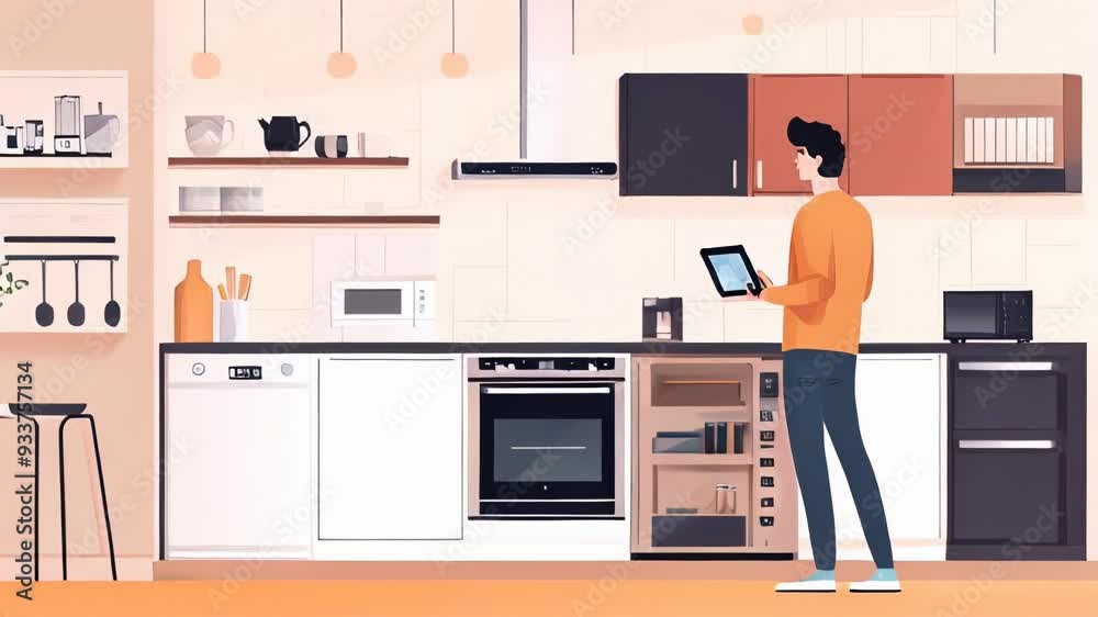 Person using a tablet to control smart home devices in a modern kitchen. Minimalistic graphic style. Indoor setting. Concept of smart home technology