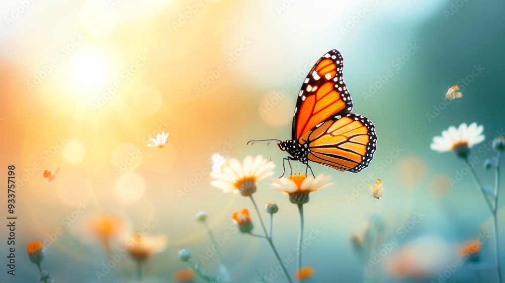 Monarch butterfly on daisy in golden sunlight Monarch butterfly on daisy in golden sunlight