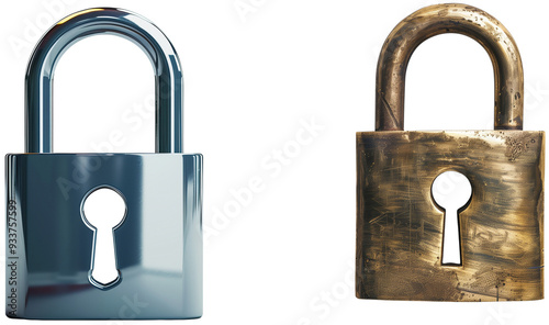 Security and Protection: A contrasting study of a modern, sleek lock and a vintage, weathered lock. This image symbolizes the evolution of security systems, isolated on transparent background.